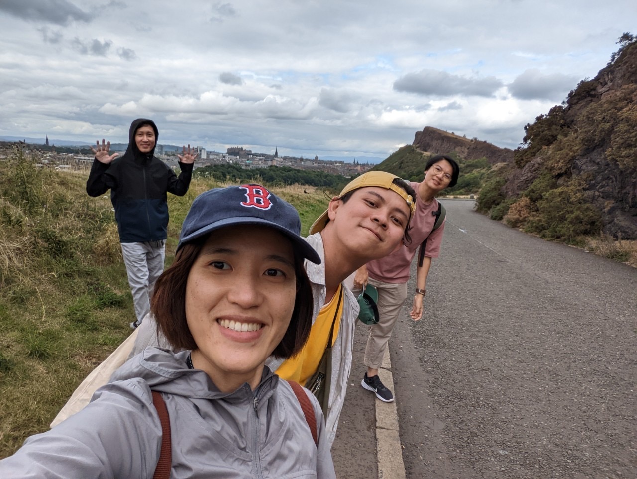 Group photo in Holyroot Park, Edinburgh, left to right: Wanchana Ponthongmak, Suparee Boonmanunt, Htun Teza, Napaphat Poprom